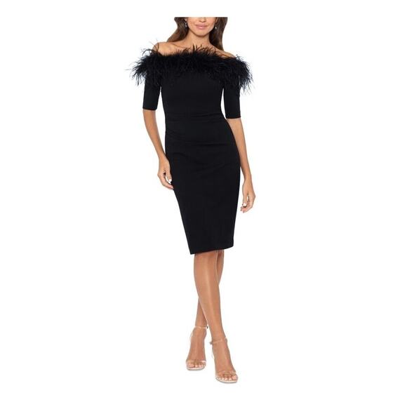 XSCAPE Womens Black Feathered Unlined Elbow Sleeve Sheath Velvet Ruched Dress 8 - Picture 1 of 10